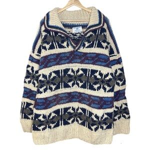 Vintage 90s Cream Fair Isle Cowichan Style Chunky Knit Wool Sweatshirt Hand Made